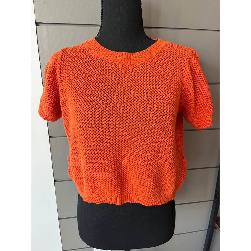 THML Orange Knit Mesh Short Sleeve Cropped Sweater Top Womens Size S